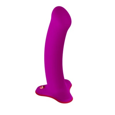 Produto de silicone roxo com base vermelha e etiqueta FUN