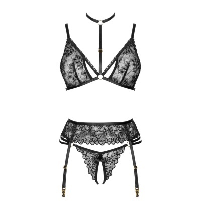 Conjunto de lingerie negro em renda com padrão floral e cintas-liga