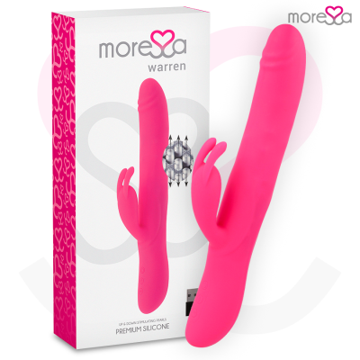 Vibrador rosa em silicone com embalagem branca e rosa com texto e padrão de corações