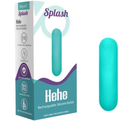 Bullet vibratório de silicone azul-turquesa Hehe recarregável ao lado da caixa do produto.