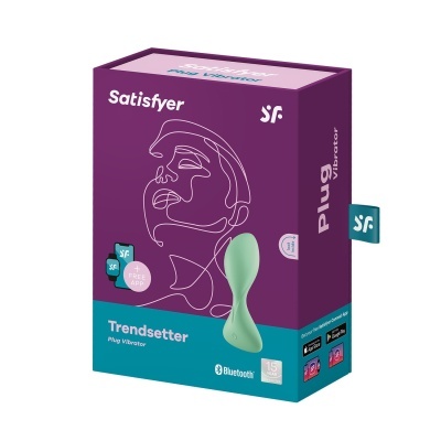 Caixa roxa e azul do plug vibrador Satisfyer Trendsetter com desenho de rosto e texto