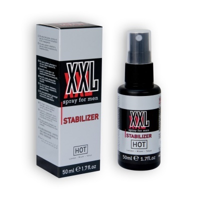 Spray para homens XXL Stabilizer HOT com frasco e caixa preta e branca
