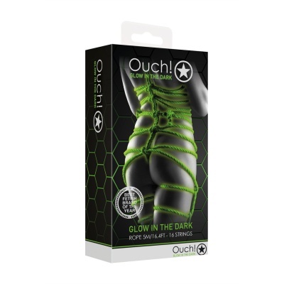 Caixa preta com cordas verdes fosforescentes e texto GLOW IN THE DARK.