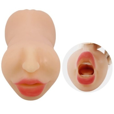 Produto de silicone com lábios vermelhos e rosa, vistas frontal e inferior.