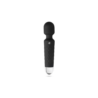 Vibrador preto em silicone com textura acolchoada e base metálica prateada