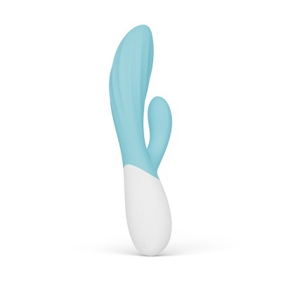 Vibrador azul com base branca em fundo branco