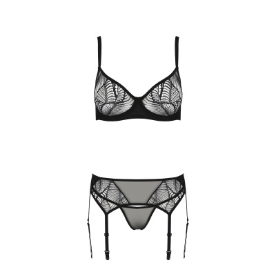 Conjunto lingerie preto renda com sutiã, cinta liga e tanga.