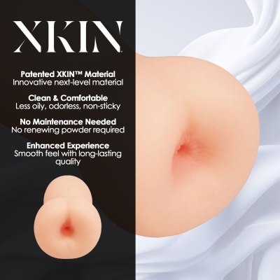 Produto XKIN textura suave e pele clara com texto descritivo ao lado