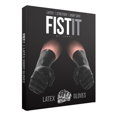 Embalagem preta com luvas de látex preto e texto FISTIT e LATEX SHORT GLOVES