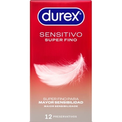 Embalagem Durex Sensitivo Super Fino com pena branca e fundo vermelho degradê.