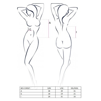 Desenho de corpo feminino com medições para BES CORSET e tabela de tamanhos.