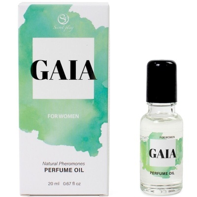 Frasco e caixa de perfume oil GAIA com detalhes verdes e texto em preto.