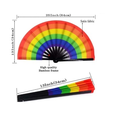 Leque colorido arco-íris aberto e fechado com medidas e indicações em inglês.