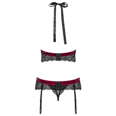 Conjunto de lingerie preta e vermelha com renda e fita acetinada