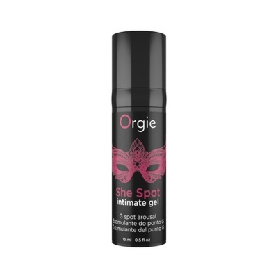 Frasco preto de gel íntimo Orgie She Spot com máscara rosa e texto em branco e rosa.