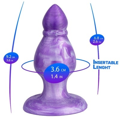 Plug anal roxo marmoreado com dimensões e texto informativo