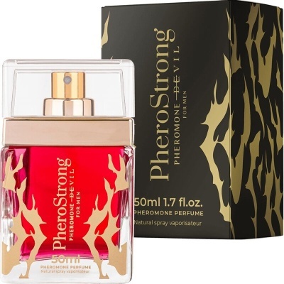 Frasco de perfume vermelho PheroStrong com caixa preta e dourada