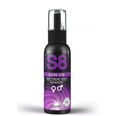 Frasco de spray preto com rótulo roxo e texto
