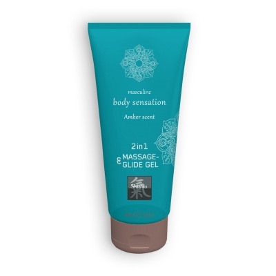 Frasco azul turquesa com texto branco de gel para massagem e deslizamento 2 em 1
