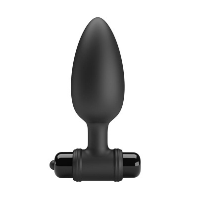 Plug anal preto com vibrador na base, em fundo branco