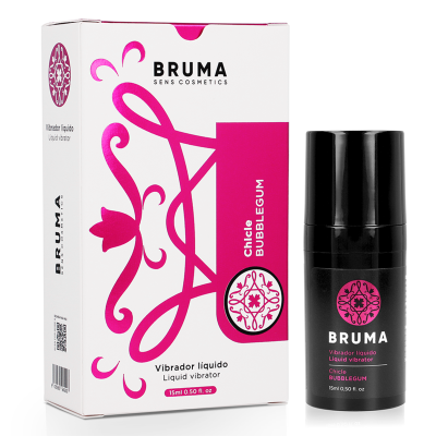 Embalagem e frasco preto de vibrador líquido Bruma com design branco e rosa