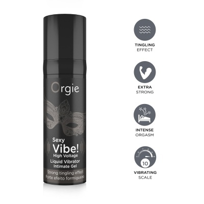 Frasco preto de gel íntimo Orgie Sexy Vibe com texto e ícones de efeitos no lado direito.