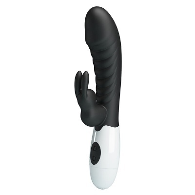 Vibrador preto com base branca e botões de controlo.