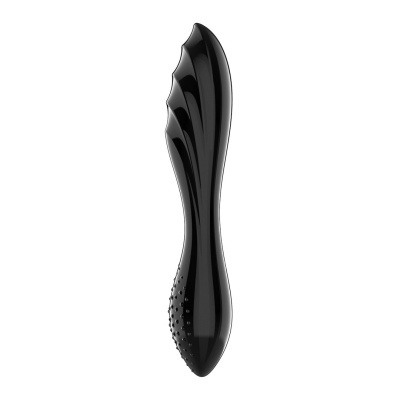 Objeto preto alongado com texturas e relevos em fundo branco
