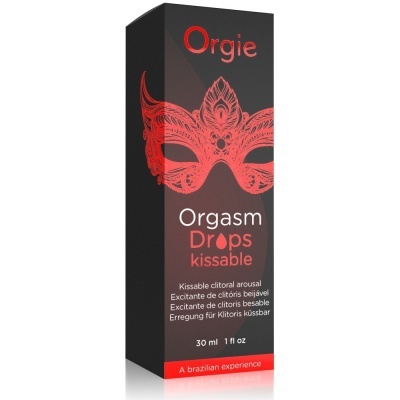 Caixa preta de produto Orgie Orgasm Drops kissable com máscara vermelha