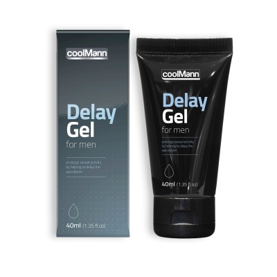 Produto Delay Gel para homens da coolMann em tubo preto e caixa cinza