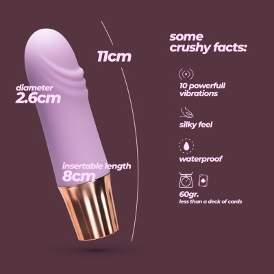 Vibrador lilás com base dourada e texto descritivo em fundo roxo