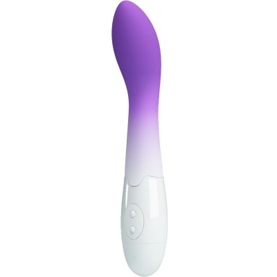 Vibrador em silicone com cabo branco e parte superior em degradê roxo
