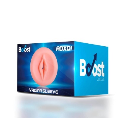 Embalagem azul com produto rosa em forma de vagina e texto visível.
