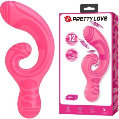 Vibrador rosa em silicone com padrão espiral e embalagem com texto PRETTY LOVE