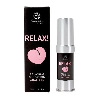 Frasco de gel anal relaxante com embalagem preta e detalhes rosa
