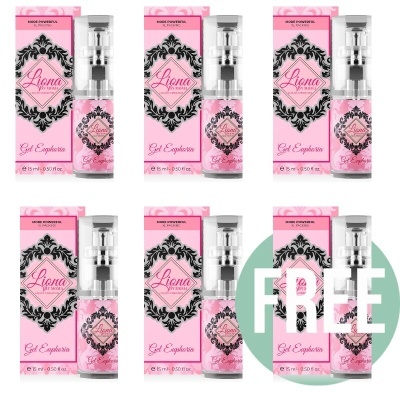 Seis frascos cor-de-rosa do Gel Euphoria Liona by Moma com embalagens e tampas transparentes