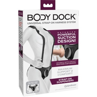 Caixa de arnês body dock universal preto com tiras e texto explicativo