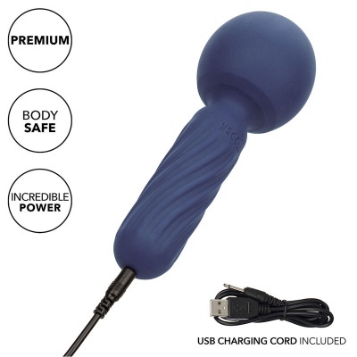Massageador azul com cabo USB e texto informativo