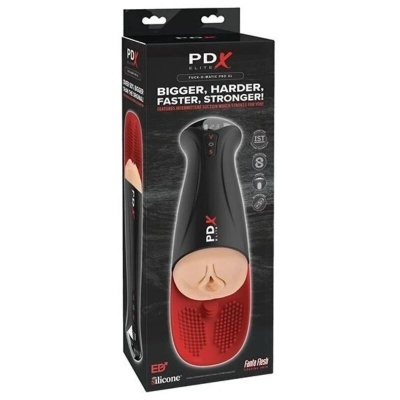 Masturbador masculino PDX Elite em embalagem preta com texto e textura vermelha e preta