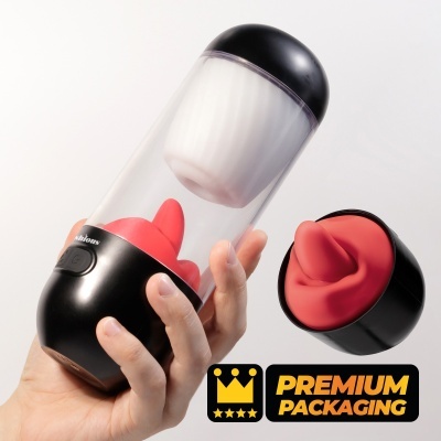 Recipiente transparente com tampa preta e objeto vermelho dentro perto de texto Premium Packaging.