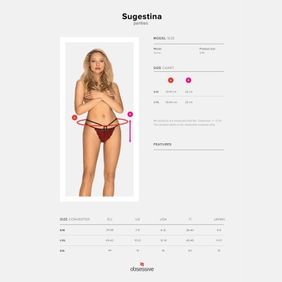 Mulher com panties vermelhas e pretas da marca Obsessive modelo Sugestina sobre fundo branco, com tabela de tamanhos