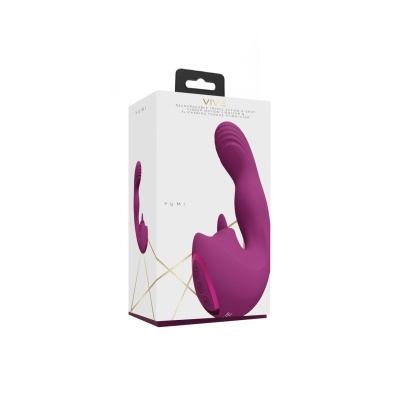 Embalagem de vibrador recarregável roxo com botões e texto