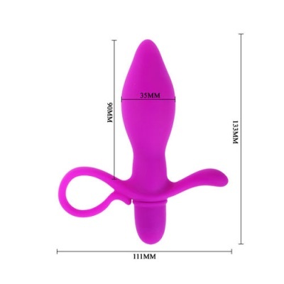 Plug anal roxo em silicone com alça de segurança e dimensões marcadas