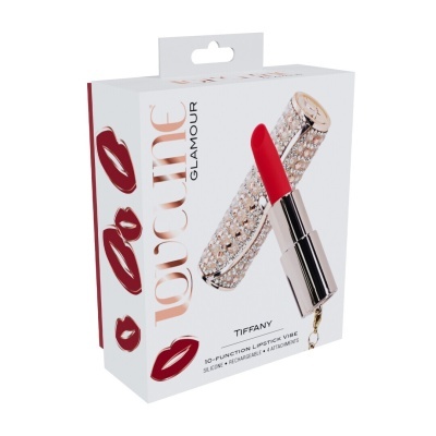Embalagem de vibrador design batom vermelho com superfície metálica brilhante e texto do produto