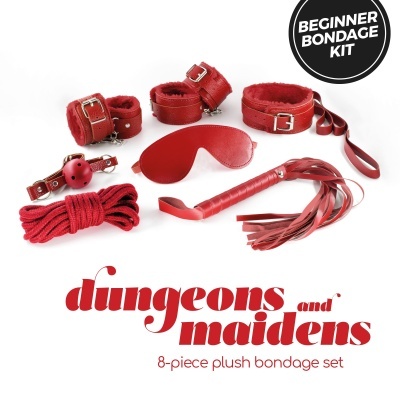 Kit de bondage iniciante com 8 peças vermelhas em pelúcia, incluindo venda, algemas, chicote e acessórios