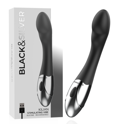 Vibrador preto e prata com embalagem branca e texto