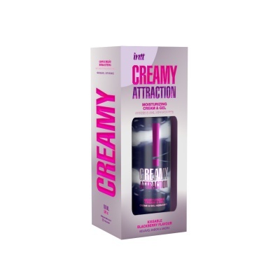 Embalagem preta e rosa de creme hidratante com texto CREÂMY ATTRACTION