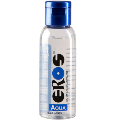 Frasco transparente com tampa azul de lubrificante à base de água Eros Aqua