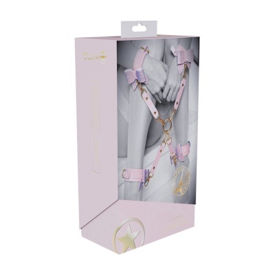 Embalagem rosa com cintos rosas e metal dourado para fetiche