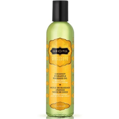 Frasco verde de óleo de massagem Kamasutra com tampa preta e rótulo amarelo